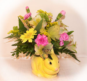 New Baby Flower Arrangement in Yellow Bunny Vase